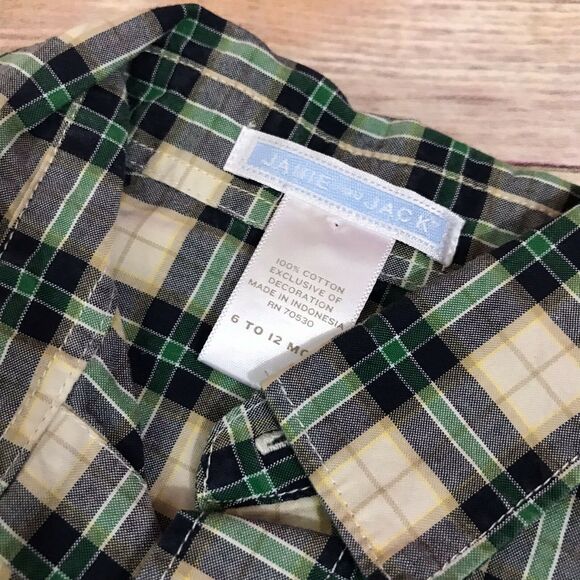 Janie & Jack Boys Shirt Size 6-12 Mo Hole in One Plaid Green Beige Button Front - Picture 6 of 6